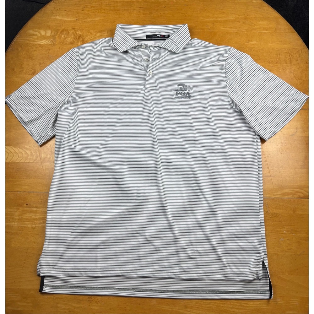 RLX Ralph Lauren Mens XL White Grey Striped 2020 PGA Harding Park Golf Polo Shir